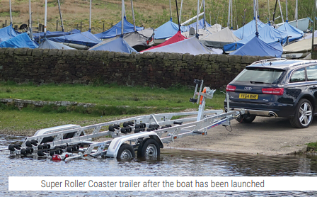 Car backing onto a ramp with an empty trailer behind - caption says "Super Roller Coaster trailer after the boat has been launched"