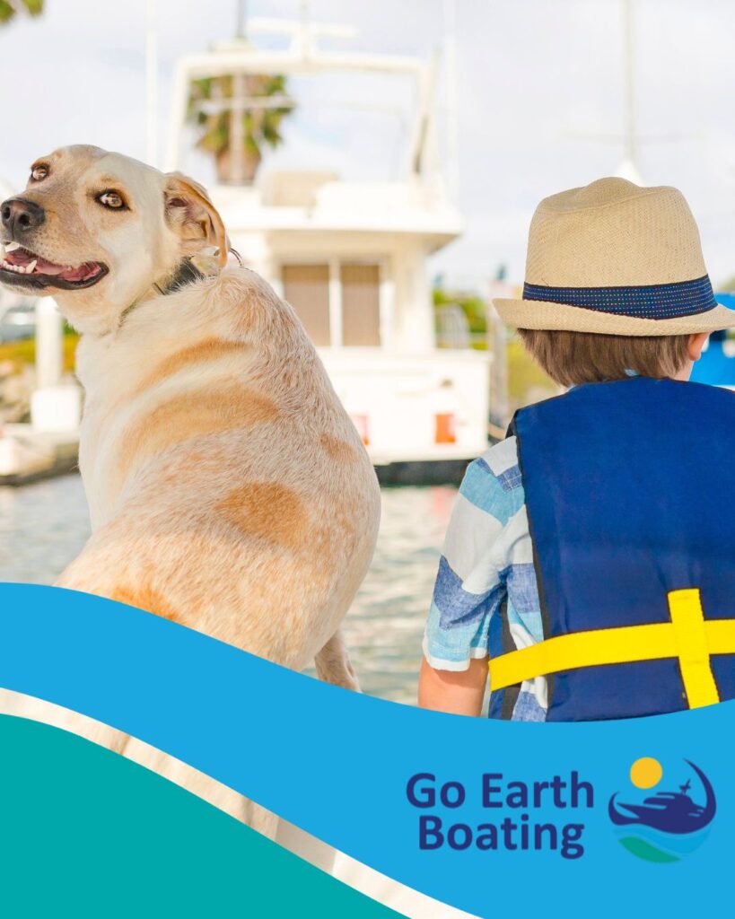 Dog and child on boat - Go Earth Boating